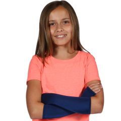 Girl smiling while wearing the navy blue Sensory Sleeves